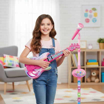 Jeune fille souriante jouant avec une guitare électronique rose et un micro sur pied Petit Éveil Montessori