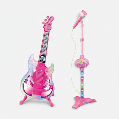 Guitare électronique Petit Éveil Montessori rose avec effets lumineux, microphone sur pied réglable et câble AUX