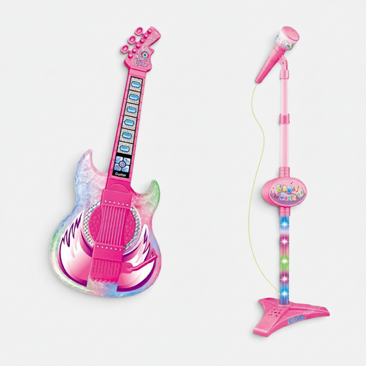 Ensemble guitare électrique et micro sur pied Petit Éveil Montessori rose pour enfants avec lumières et effets sonores