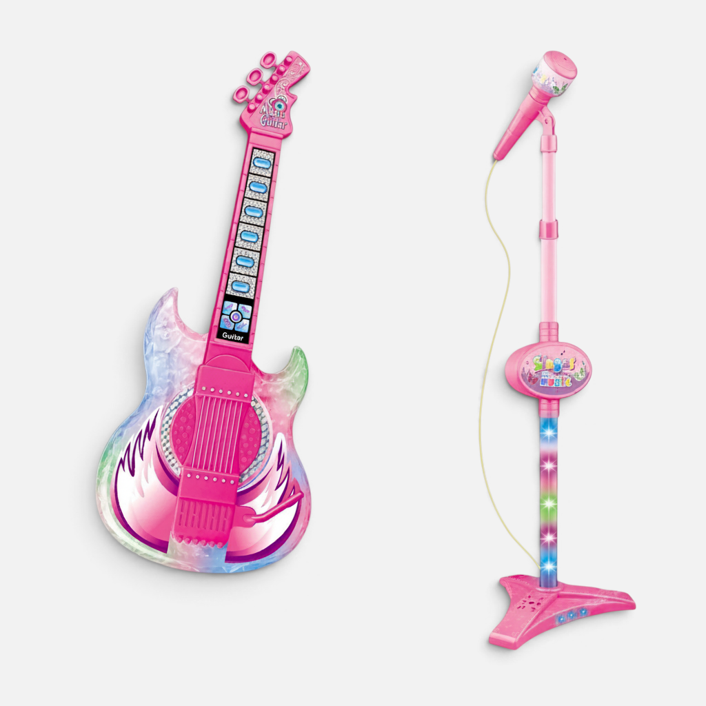 Petit Éveil Montessori Pink Electric Guitar and Stand Set for Kids with Lights and Sound Effects