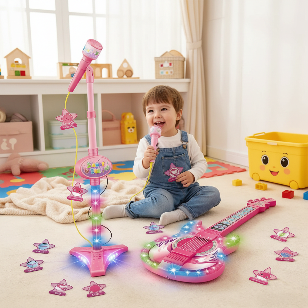 Petit Éveil Montessori ensemble guitare et micro rose pour enfant jouant de la musique avec lumières LED