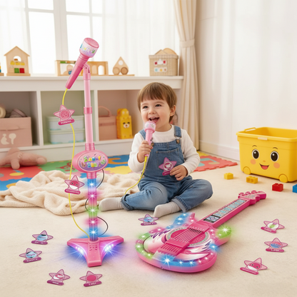 Petit Éveil Montessori ensemble guitare et micro rose pour enfant jouant de la musique avec lumières LED