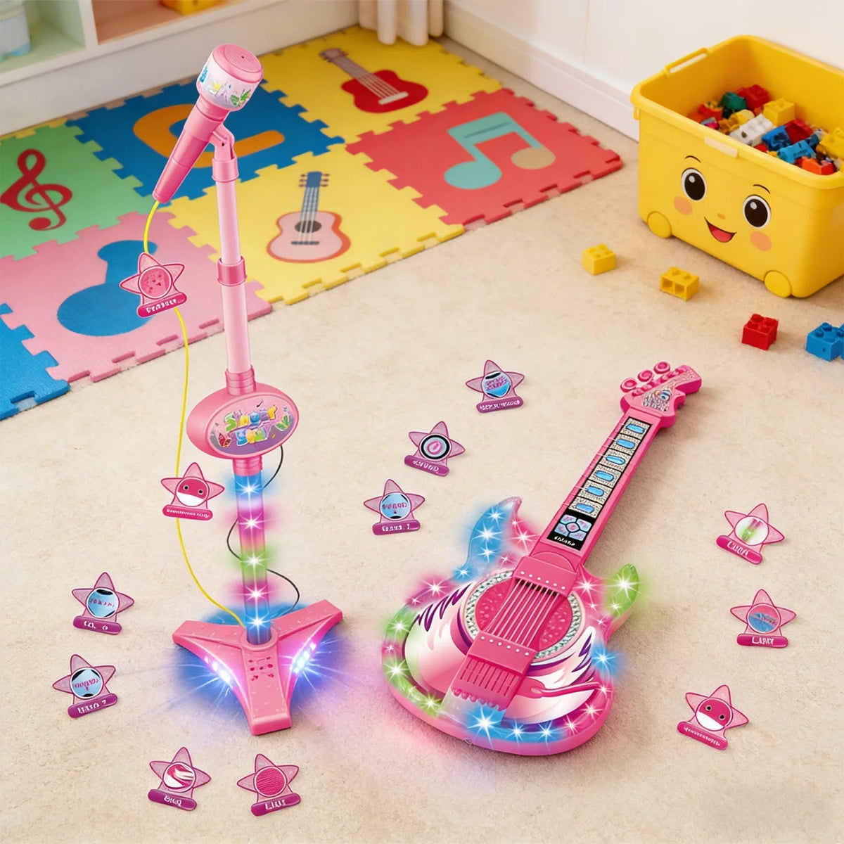 Ensemble guitare et micro lumineux Petit Éveil Montessori pour enfants, jouet musical éducatif rose en plastique ABS