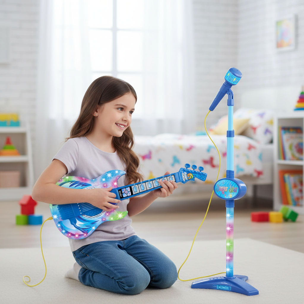 Jeune fille jouant avec la guitare électrique et le micro Petit Éveil Montessori bleus dans une chambre d'enfant