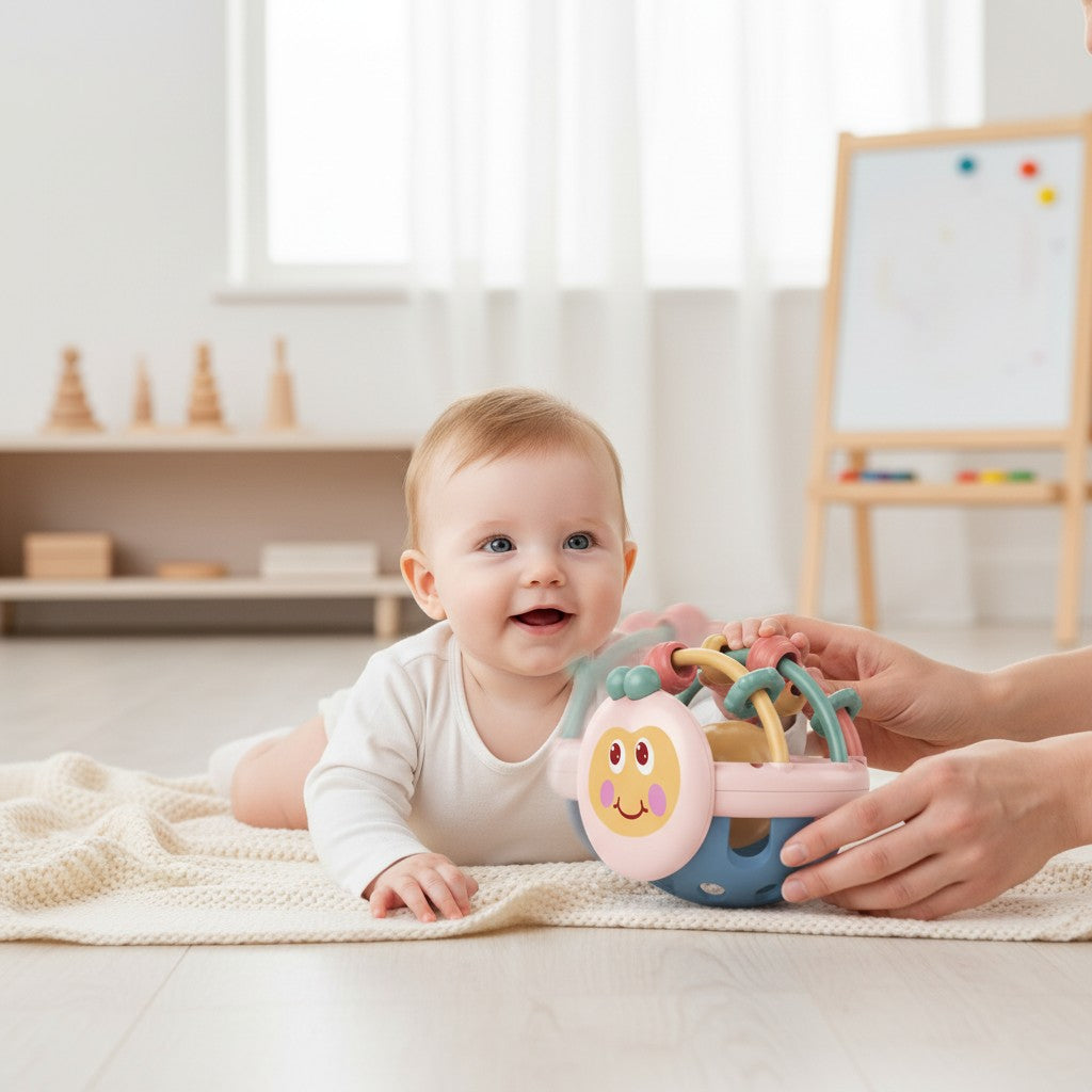 Hochet sensoriel Petit Éveil Montessori en forme de coccinelle, jouet d'éveil pour bébé en plastique multicolore.