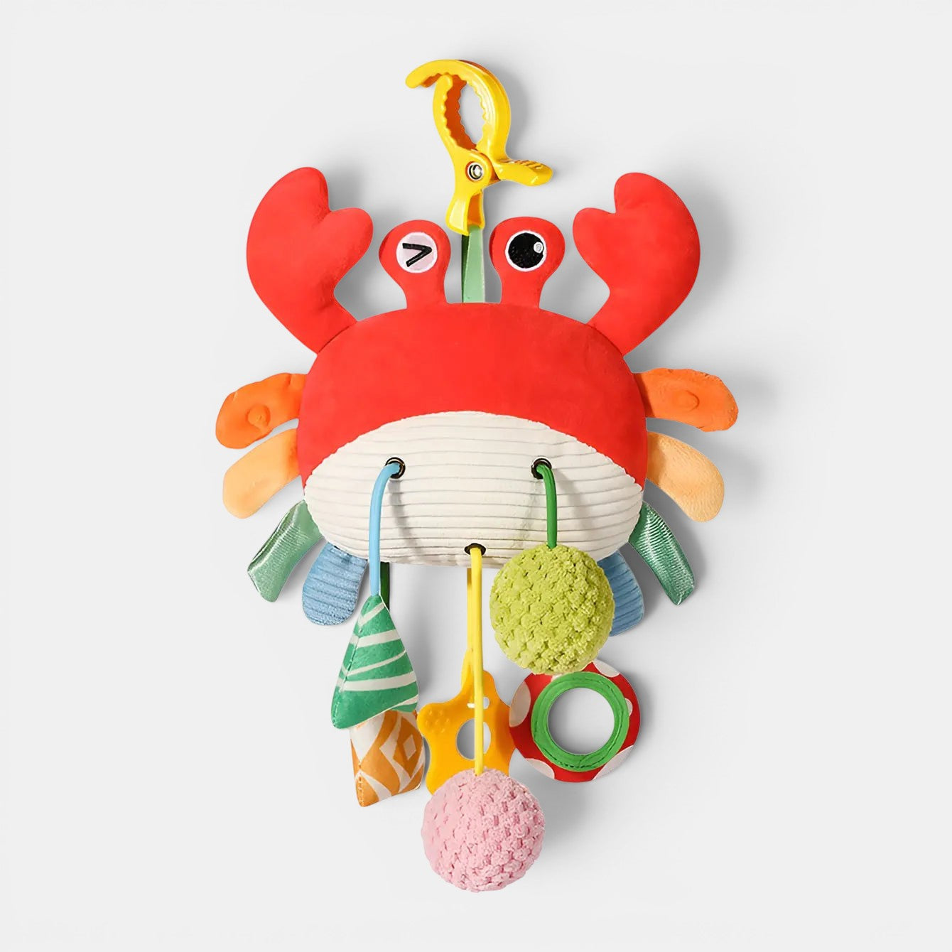 Petit Éveil Montessori hochet crabe rouge suspendu avec jouets texturés pour bébé, stimulant l'éveil sensoriel.