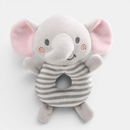 Hochet éléphant en peluche gris et blanc rayé, doublure d'oreille rose, jouet Montessori pour bébé