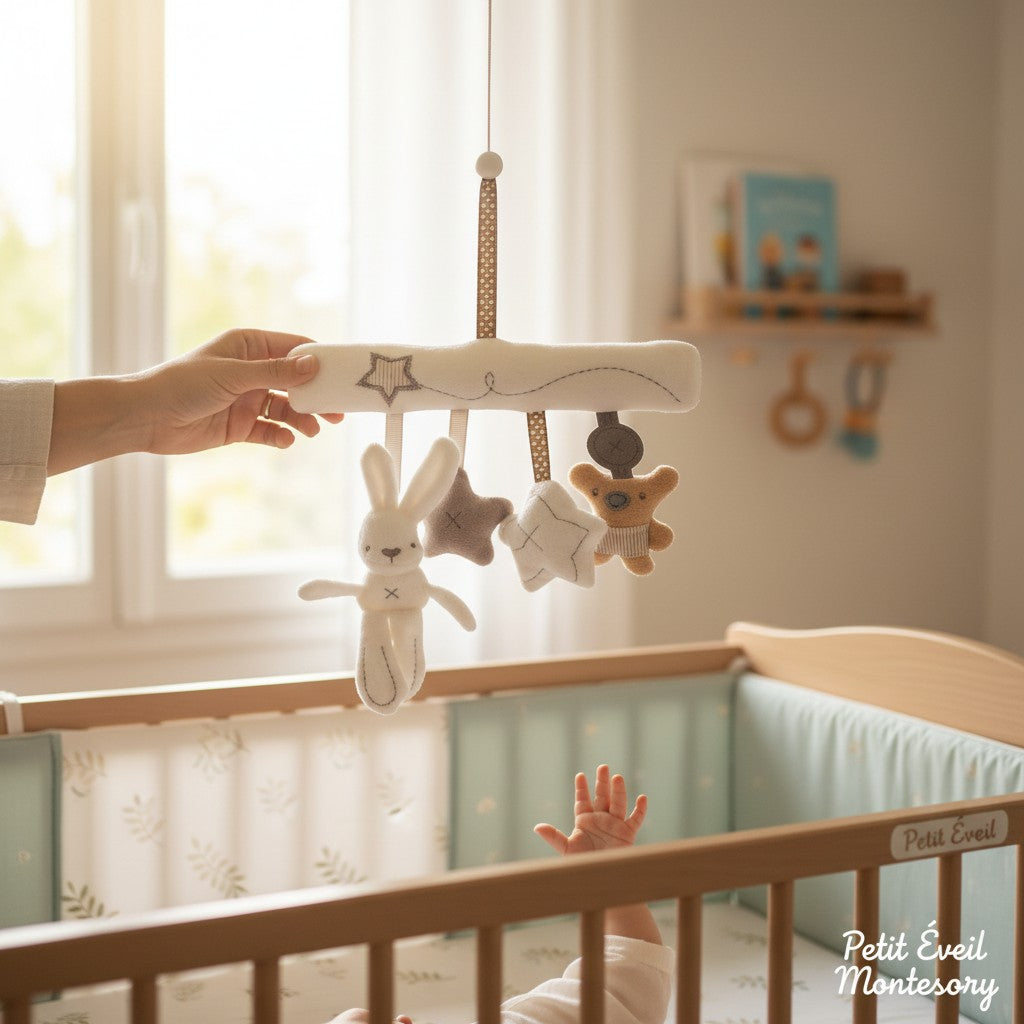 Petit Éveil Montessori hochet suspendu lapin en peluche gris, étoiles et ours en tissu pour poussette, jouet d'éveil sensoriel.
