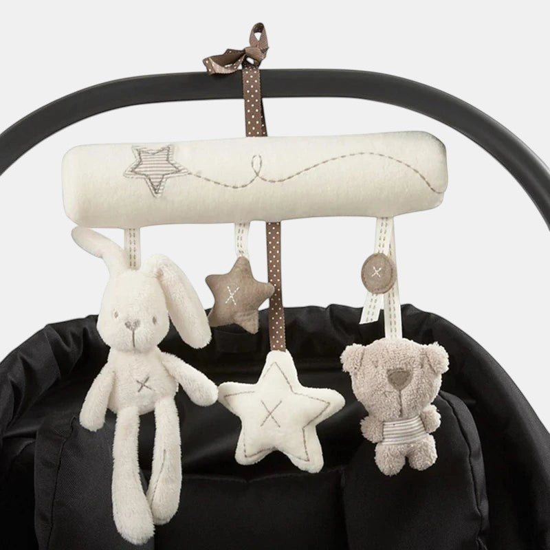 Petit Éveil Montessori hochet suspendu lapin et ours en peluche, étoiles, tissu doux, beige et marron, pour poussette.