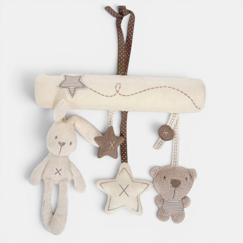 Petit Éveil Montessori hochet suspendu lapin et ours en peluche avec étoiles, jouet d'éveil sensoriel pour bébé.