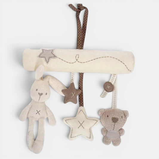 Petit Éveil Montessori hochet suspendu lapin et ours en peluche avec étoiles, jouet d'éveil sensoriel pour bébé.