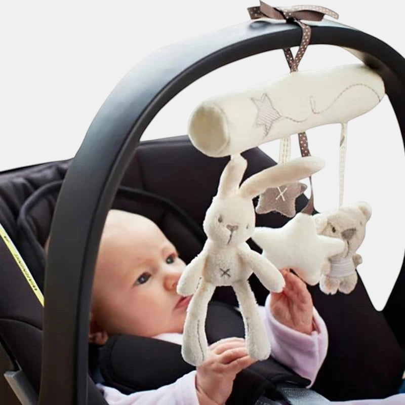 Petit Éveil Montessori hochet suspendu lapin en peluche blanc, étoile et ours pour poussette, éveil sensoriel.