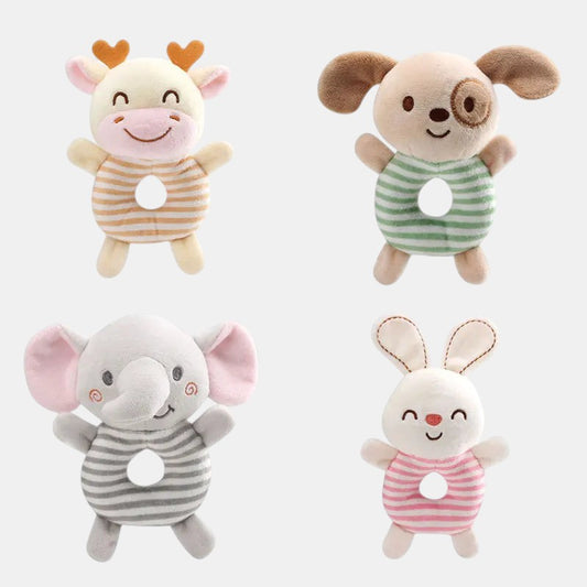 Petit Éveil Montessori hochet en peluche doux pour bébé, disponible en cerf, chien, éléphant et lapin.