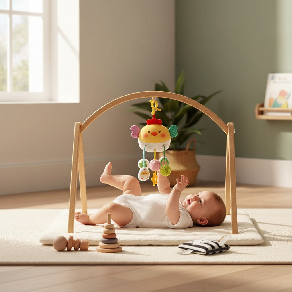 Hochet suspendu Petit Éveil Montessori en forme de poule jaune avec des ailes à pois, des grelots et des jouets à mordiller.