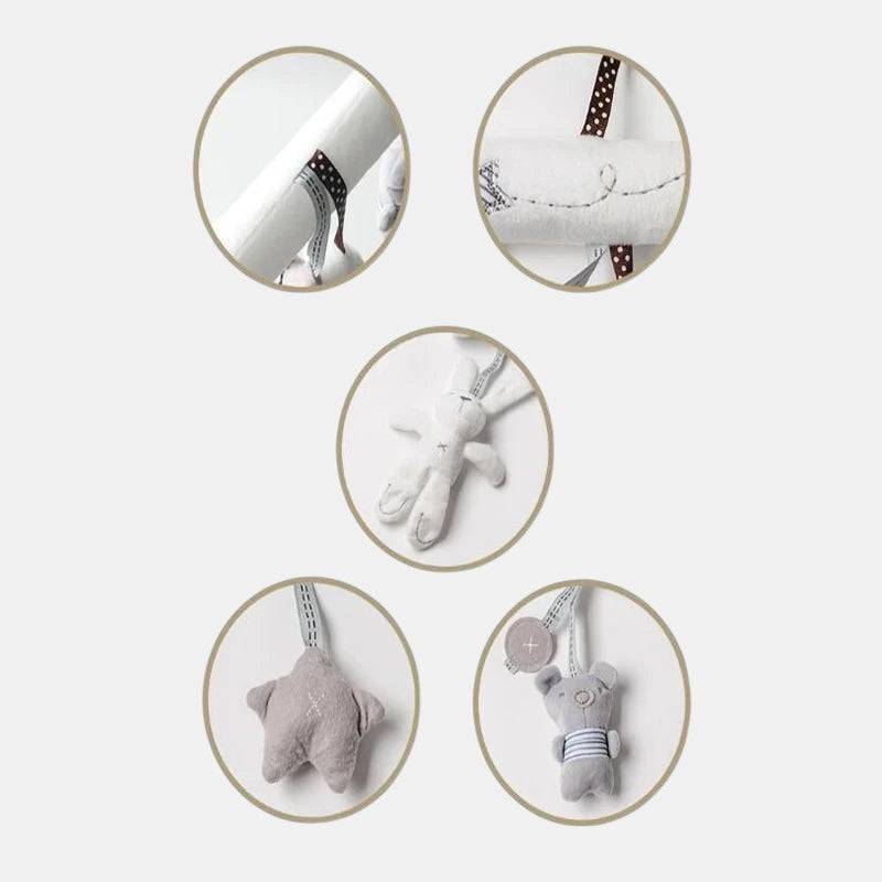 Petit Éveil Montessori hochet suspendu avec lapin, étoile et éléphant en peluche douce pour bébé.