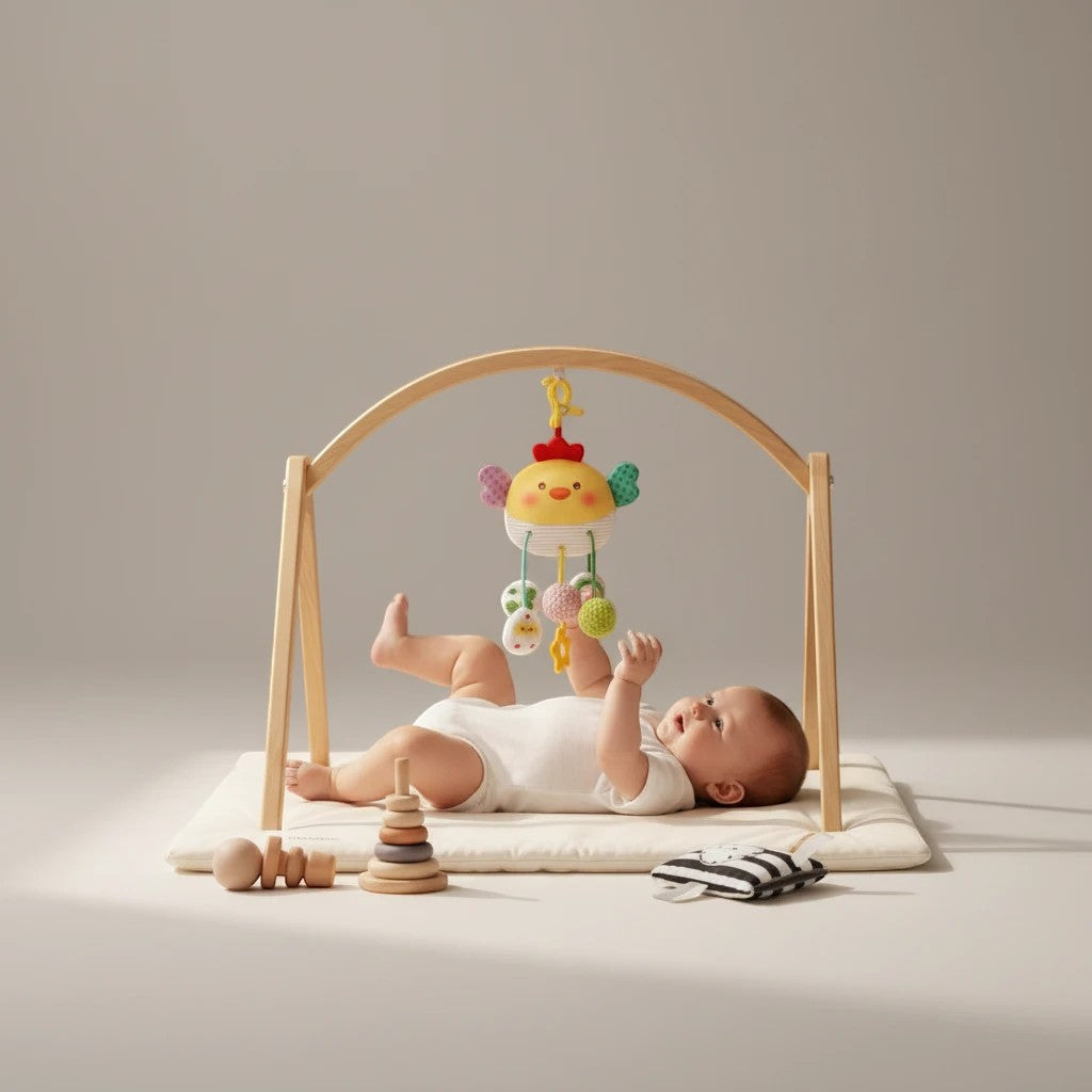 Petit Éveil Montessori hochet suspendu en forme de poulet jaune avec des jouets colorés, pour bébé.