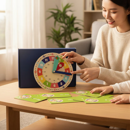 Petit Éveil Montessori : Horloge éducative en bois pour apprendre l'heure, avec aiguilles colorées et cartes d'exercices.