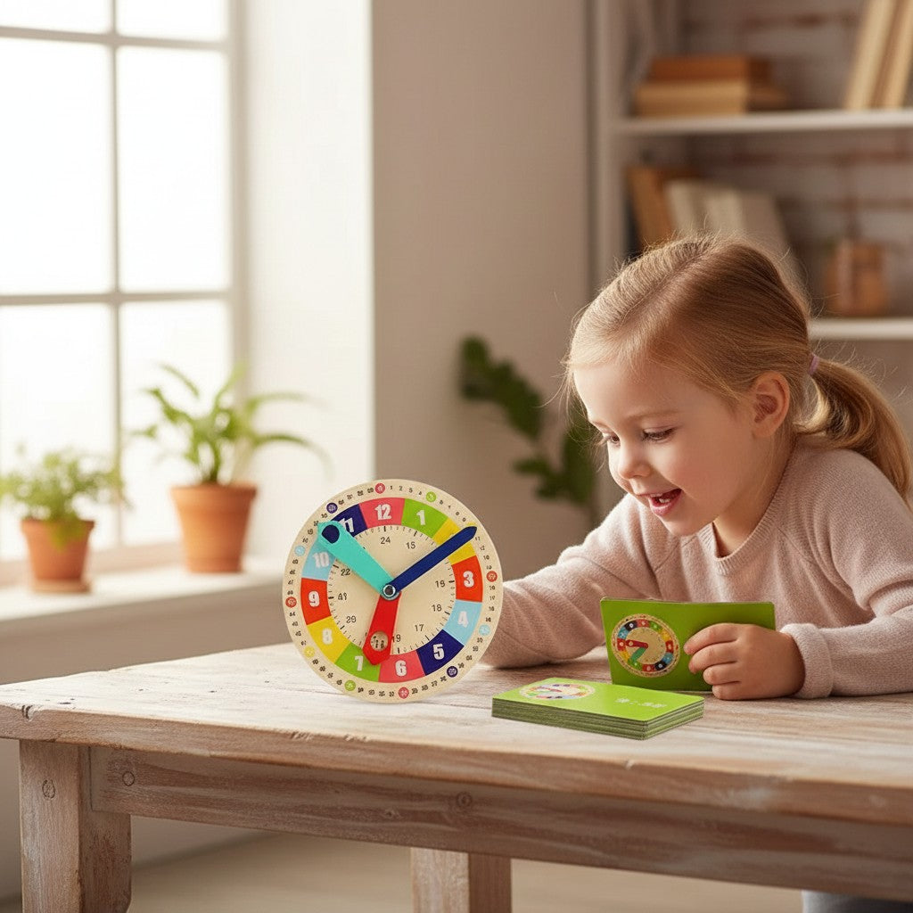Horloge éducative en bois Montessori Petit Éveil Montessori pour apprendre l'heure, avec aiguilles bleues et vertes.