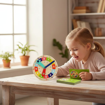 Horloge éducative en bois Montessori Petit Éveil Montessori pour apprendre l'heure, avec aiguilles bleues et vertes.