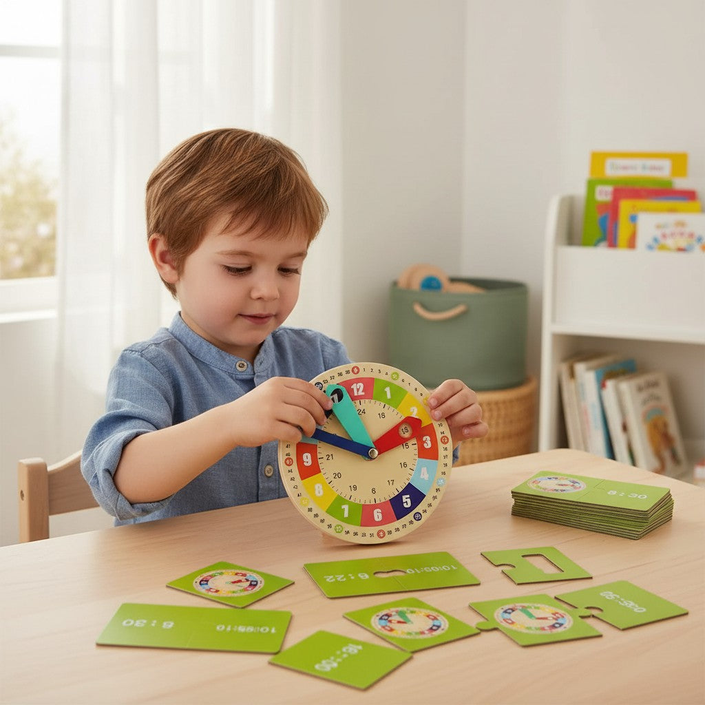 Horloge éducative en bois Montessori Petit Éveil Montessori pour apprendre l'heure, avec cartes d'exercices.