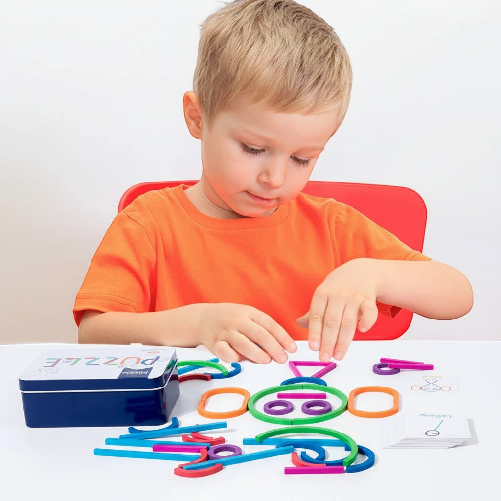 Petit Éveil Montessori : jeune garçon jouant avec un jeu de construction d'anneaux en bois colorés