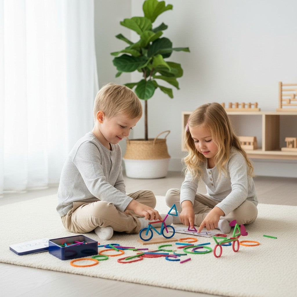 Petit Éveil Montessori : jeune garçon jouant avec un jeu d'anneaux et de bâtonnets colorés en bois pour créer des formes.