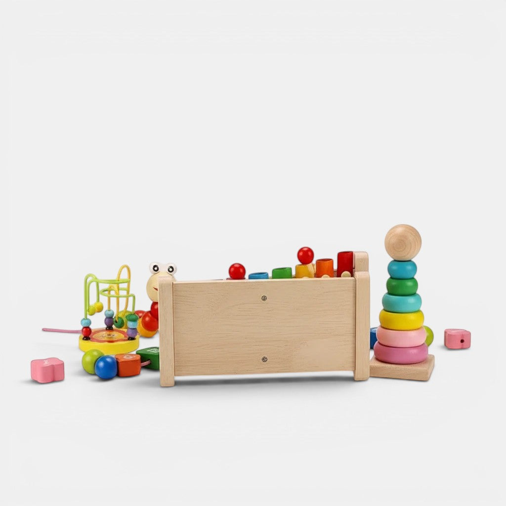 Petit Éveil Montessori : jeu éducatif en bois avec xylophone, anneaux à empiler et jouet à billes pour bébés.