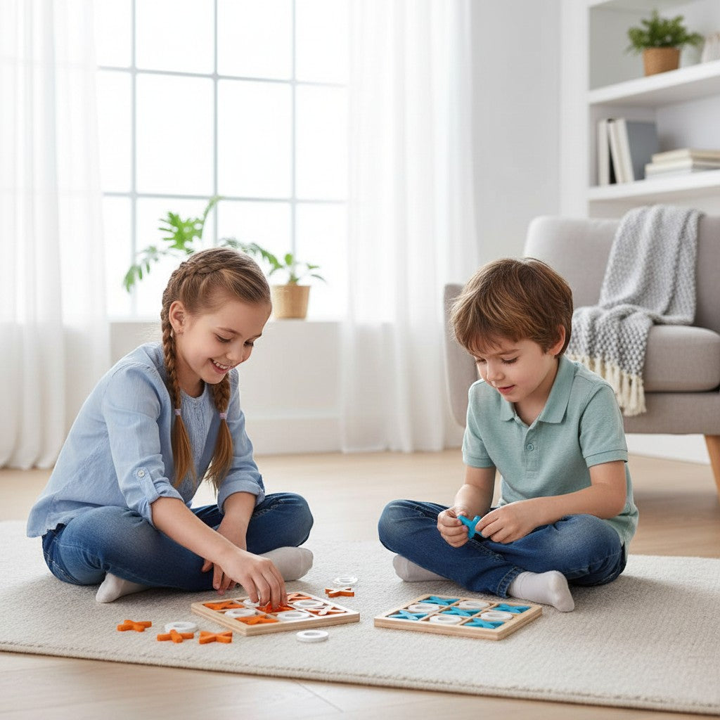 Petit Éveil Montessori : deux enfants jouant à un jeu de société en bois, jeu de logique et de motricité