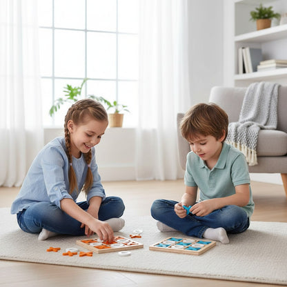 Petit Éveil Montessori : deux enfants jouant à un jeu de société en bois, jeu de logique et de motricité
