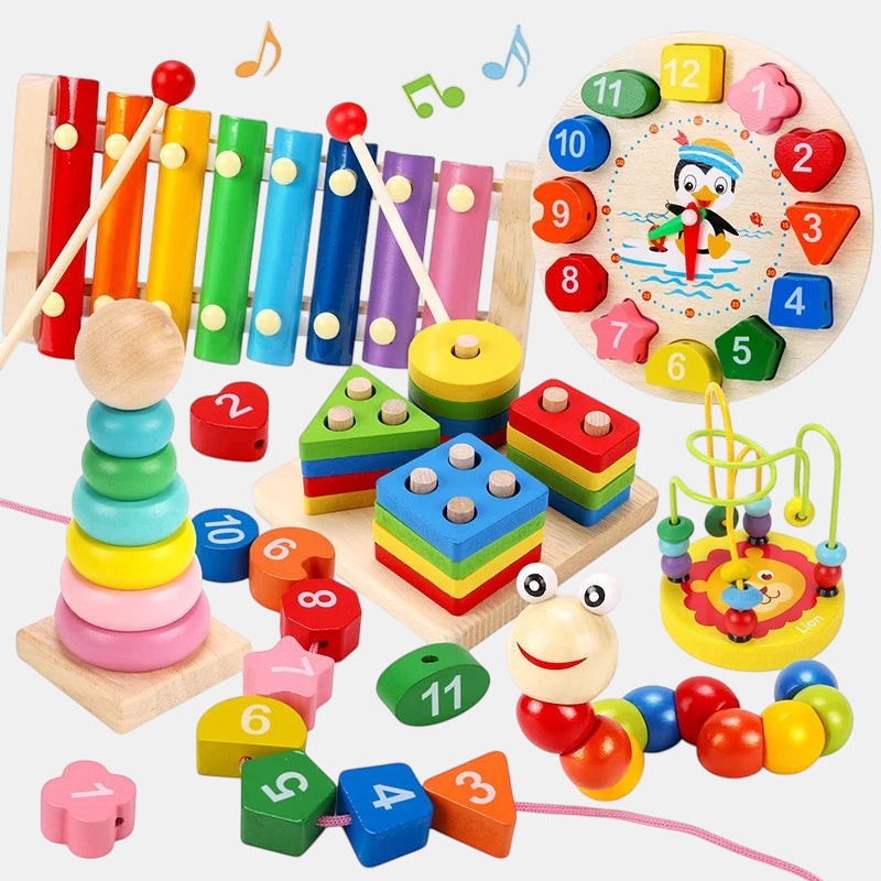 Petit Éveil Montessori : jeu éducatif en bois avec xylophone, horloge, empilement et perles à enfiler.