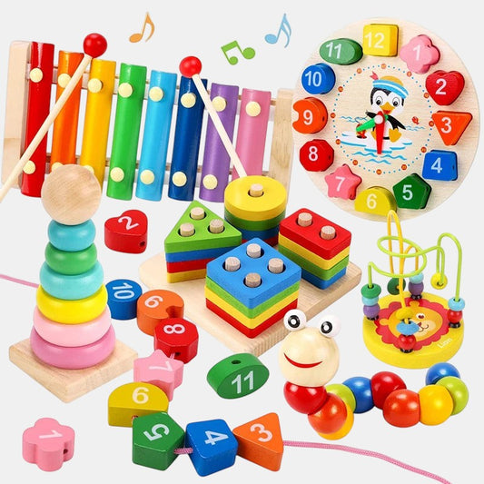 Petit Éveil Montessori : jeu éducatif en bois avec xylophone, horloge, empilement et perles à enfiler.
