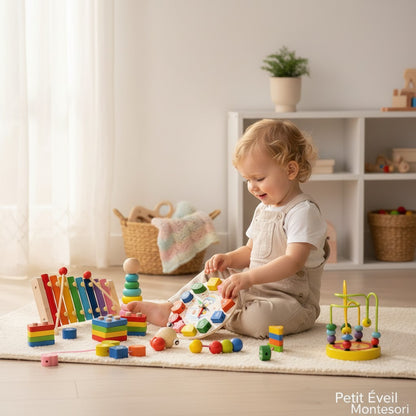 Petit Éveil Montessori : ensemble de jouets éducatifs en bois colorés pour bébés, xylophone, horloge, empilement, tri de formes, chenille à enfiler.