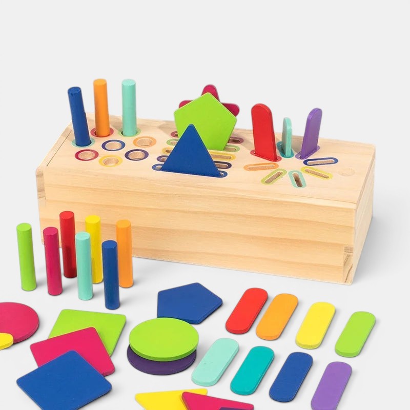 Jeu éducatif Montessori en bois Petit Éveil Montessori, boîte en bois avec formes colorées à encastrer et à empiler pour développer la motricité.