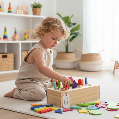 Jeu éducatif Montessori en bois Petit Éveil Montessori, boîte à formes et couleurs avec bâtonnets et pièces en bois.
