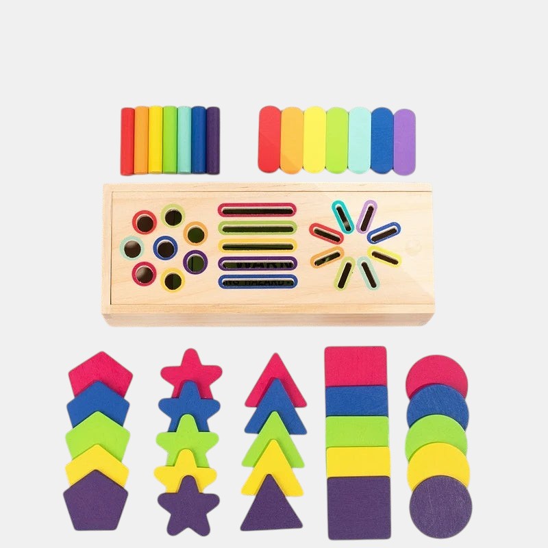 Petit Éveil Montessori jeu éducatif en bois avec formes colorées (pentagones, étoiles, triangles, carrés, cercles) et boîte à encastrer.