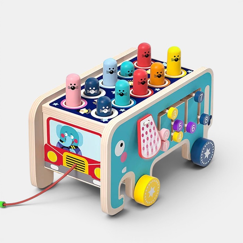 Jeu en bois Petit Éveil Montessori, éléphant bus à marteler avec 8 personnages colorés, développement motricité et créativité