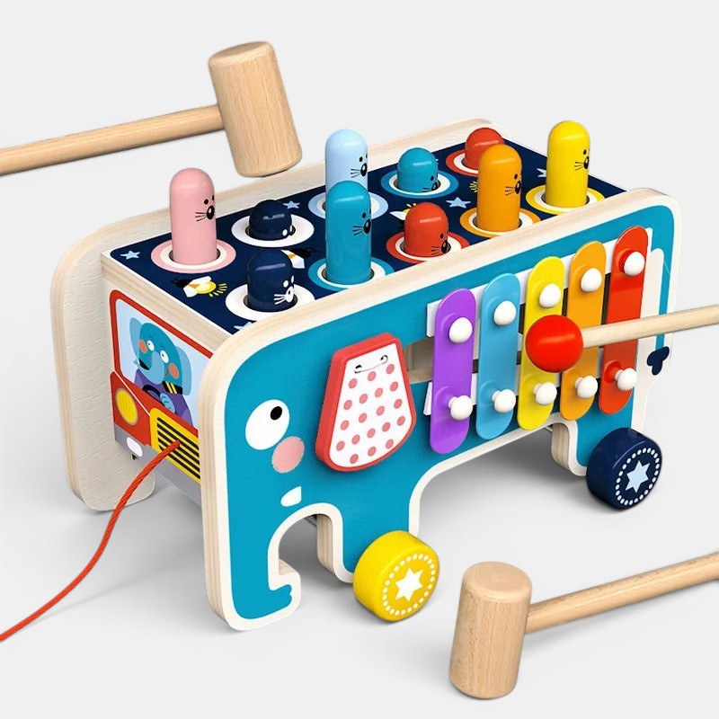 Jeu en bois Petit Éveil Montessori éléphant xylophone et marteau, couleurs vives, éveil motricité