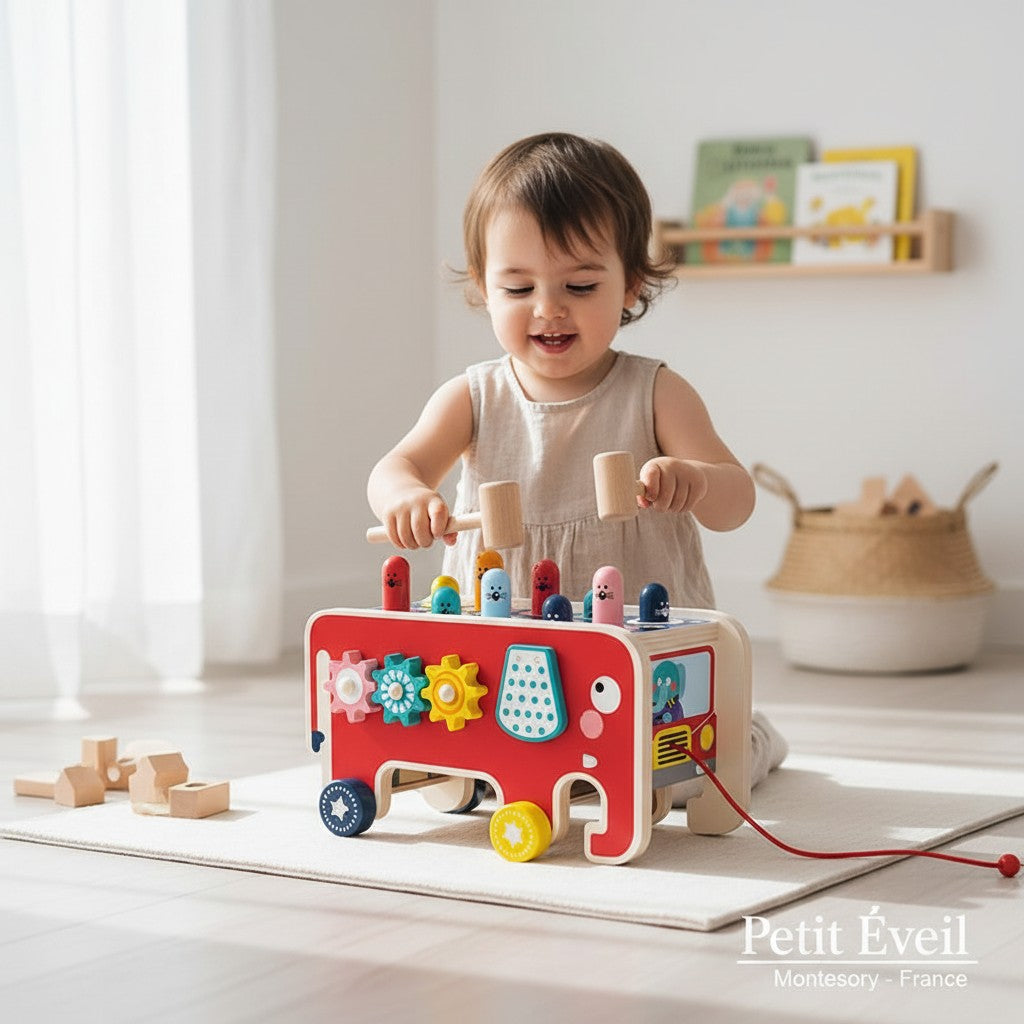Jeu en bois Petit Éveil Montessori, éléphant rouge avec 9 taupes colorées à marteler, pour motricité et éveil.