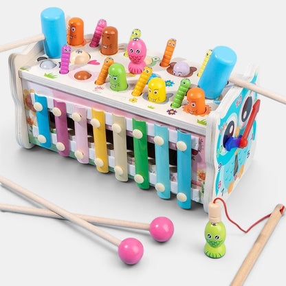 Jeu en bois Petit Éveil Montessori, éléphant à marteler et xylophone coloré pour bébé, éveil sensoriel et motricité.