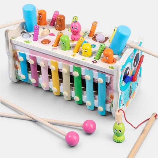 Jeu en bois Petit Éveil Montessori, éléphant à marteler et xylophone coloré pour bébé, éveil sensoriel et motricité.