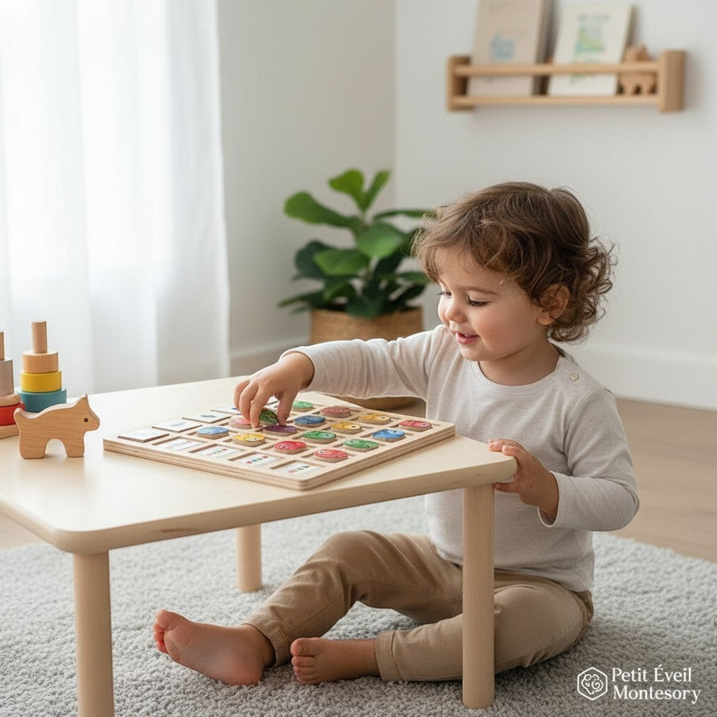 Petit Éveil Montessori, jeu de logique en bois avec des poissons colorés et des flèches pour apprendre la direction et la couleur.