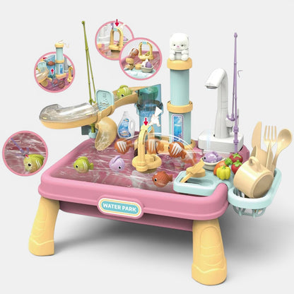 Petit Éveil Montessori : jeu d'eau interactif avec cascade, toboggan, poissons et robinet pour le bain.