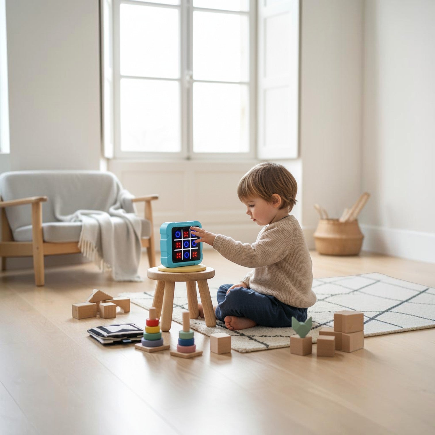 Petit Éveil Montessori, jeu d'échecs électronique bleu pour enfants, avec un jeune garçon jouant sur un tabouret.