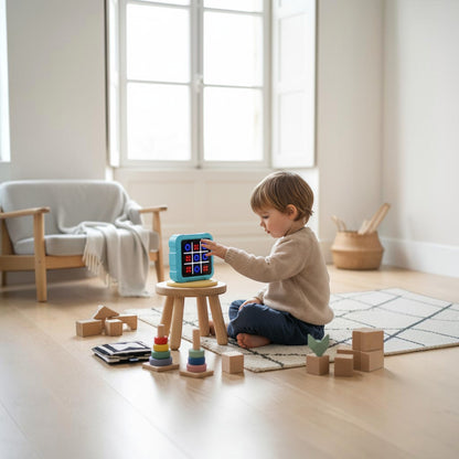 Petit Éveil Montessori, jeu d'échecs électronique bleu pour enfants, avec un jeune garçon jouant sur un tabouret.