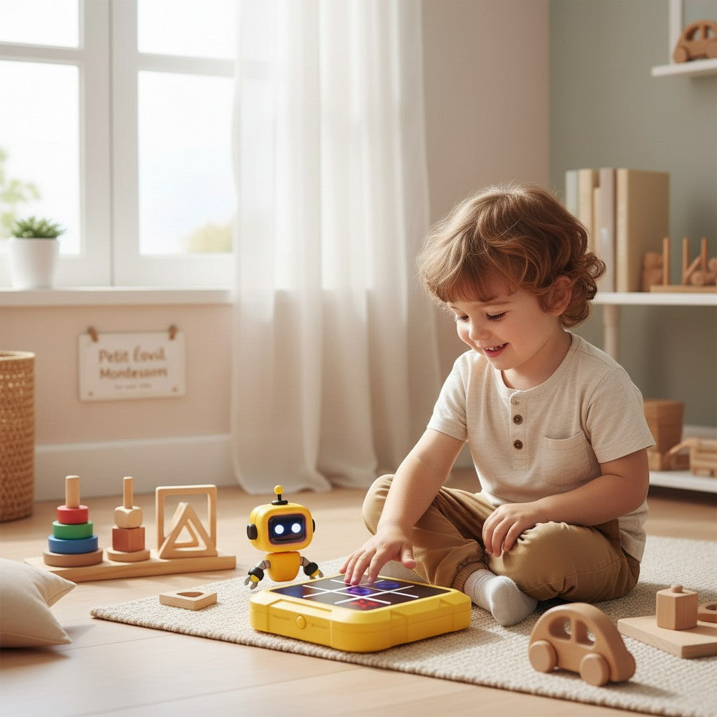 Petit Éveil Montessori jeu d'échecs électronique jaune avec un petit robot, un enfant joue sur le tapis.