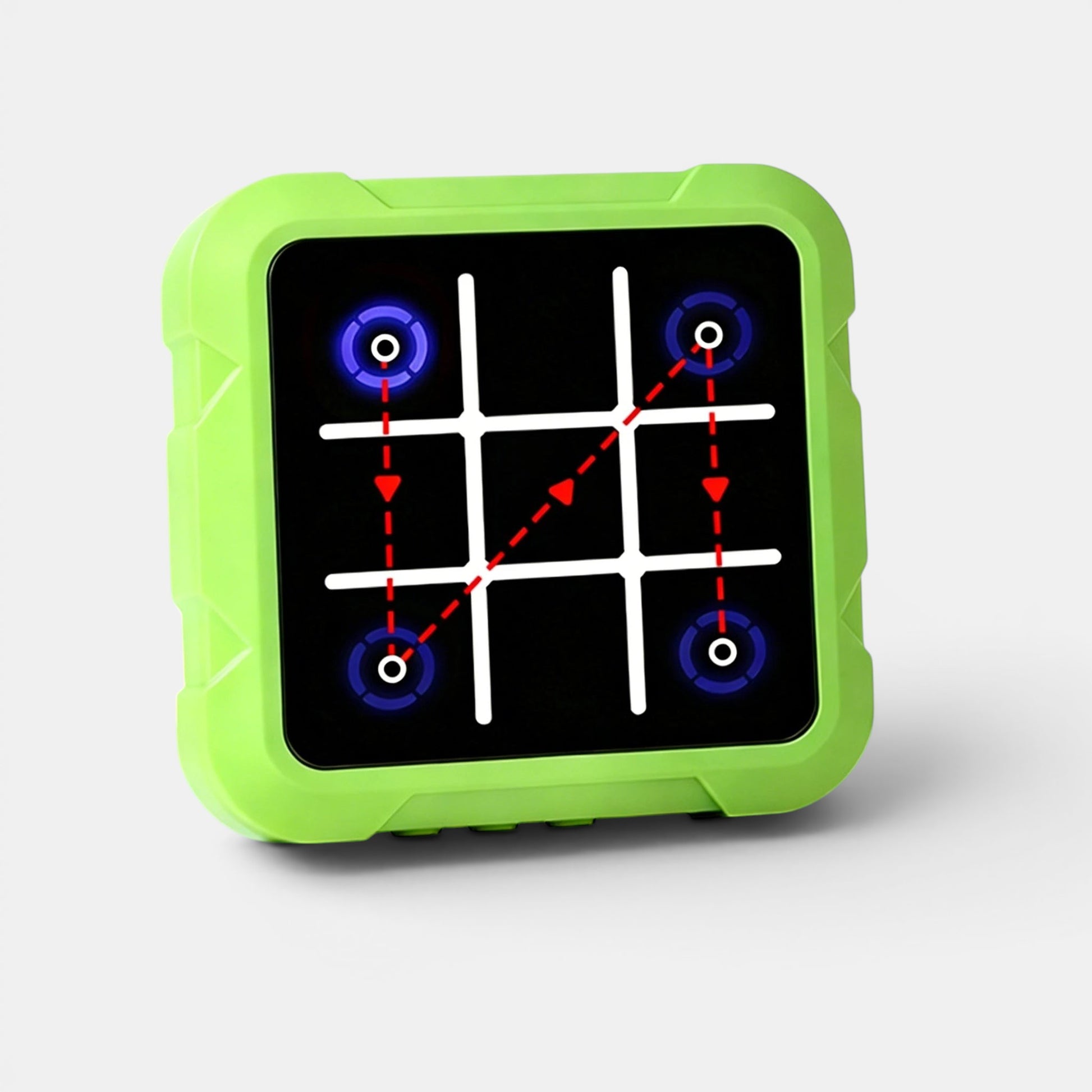 Petit Éveil Montessori, jeu d'échecs et tic-tac-toe électronique vert avec écran interactif et indicateurs lumineux.