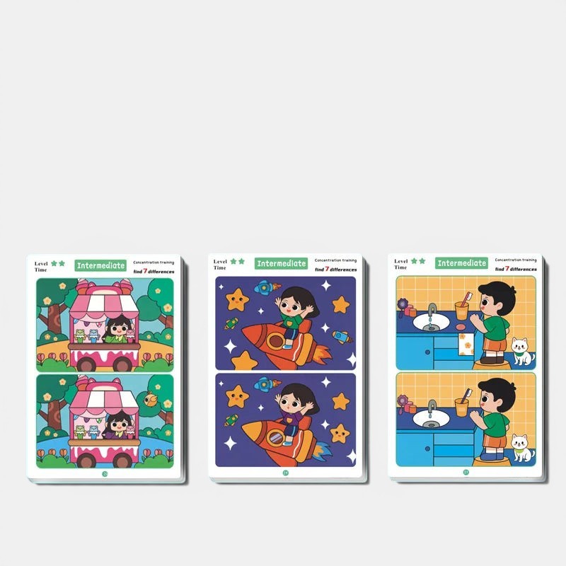 Jeu éducatif Petit Éveil Montessori pour enfants : cartes réutilisables de type 'trouver les différences' colorées.