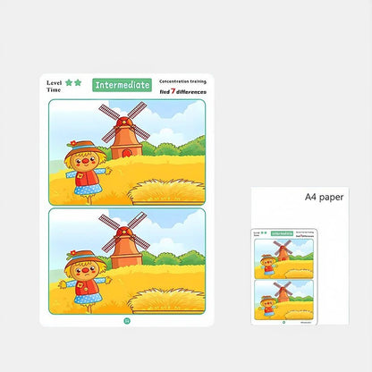 Jeu éducatif Petit Éveil Montessori pour enfants, fiche A4 réutilisable pour trouver les différences et se concentrer.