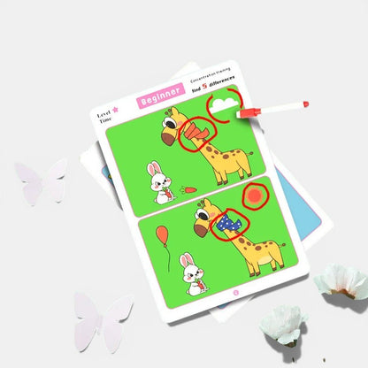 Jeu éducatif Petit Éveil Montessori pour enfants : fiches réutilisables pour trouver les différences et se concentrer.