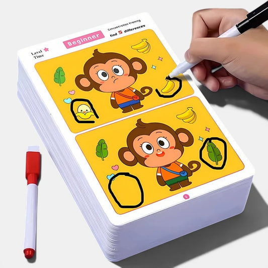 Jeu éducatif Petit Éveil Montessori pour enfants : carnet effaçable de recherche de différences avec feutre inclus.